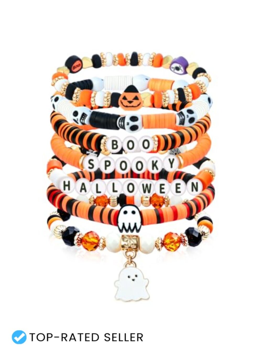 Halloween Stretch Bracelet Set Polymer Clay Beaded Charms Fall Costume Jewelry